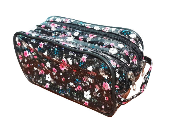 CARTUCHERA 2 CIERRES FLORES NEGRO